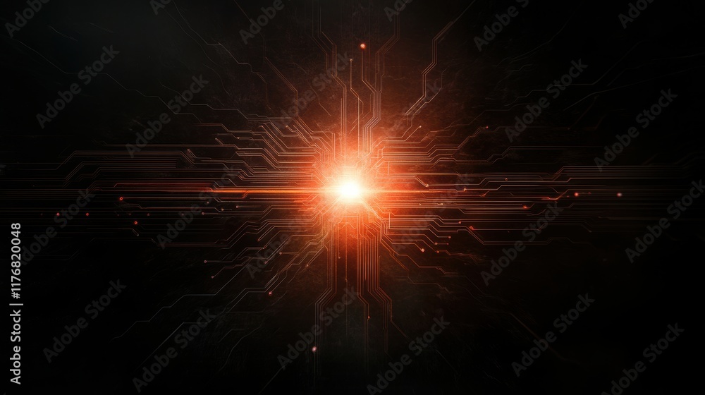 Obraz premium Abstract glowing red circuit board with digital connections and bright light center