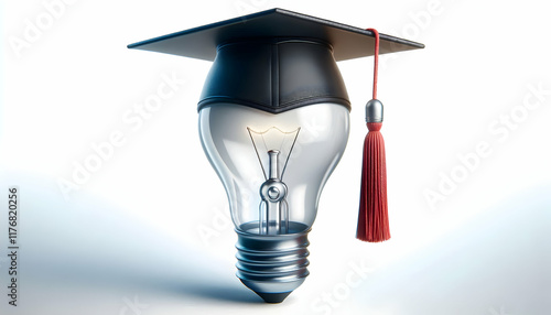 Education A light bulb with a graduation cap, viewed from a slightly elevated angle, tassel hanging on the lef4