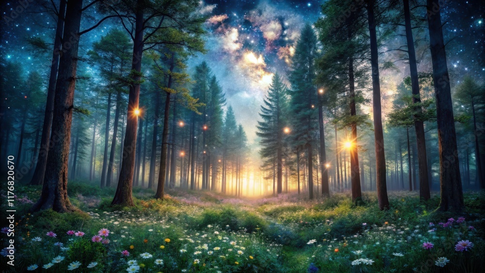 Fototapeta premium Dark, moody forest with a multitude of wildflowers and stars shining through the canopy above , stars, woodland, stars