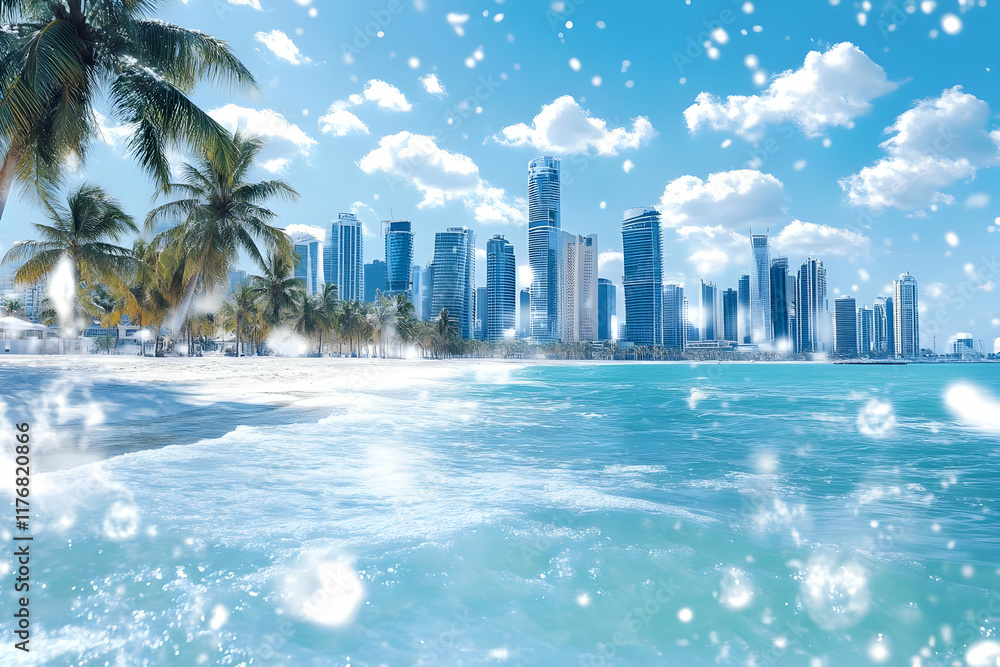 Obraz premium Tropical Cityscape Winter Beach Illustration