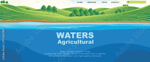 landing page template with a serene rural landscape background with a river flowing through lush green fields
