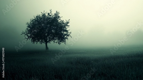 Tree stands alone in a field of tall grass. The sky is overcast and the air is damp. The scene is quiet and peaceful, with the only sound being the rustling of the grass in the wind photo