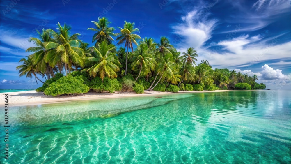 A serene tropical island with crystal clear turquoise waters and powdery white sandy beaches surrounded by lush green palm trees, beach, island life A serene tropical island with crystal clear turquoise waters and powdery white sandy beaches surrounded by lush green palm trees, beach, island life