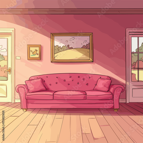 Cozy living room with a pink sofa, lamp, and bookshelf. photo