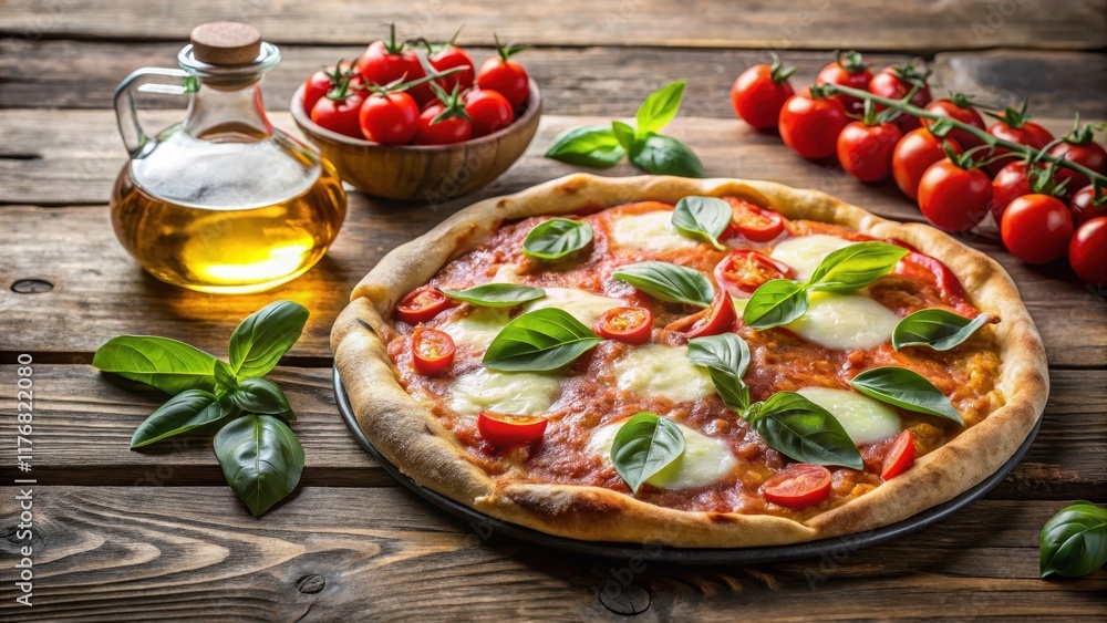 A perfectly cooked Margherita pizza on a rustic wooden table, garnished with a sprig of fresh basil leaves and a drizzle of extra virgin olive oil , restaurant, basil A perfectly cooked Margherita pizza on a rustic wooden table, garnished with a sprig of fresh basil leaves and a drizzle of extra virgin olive oil , restaurant, basil