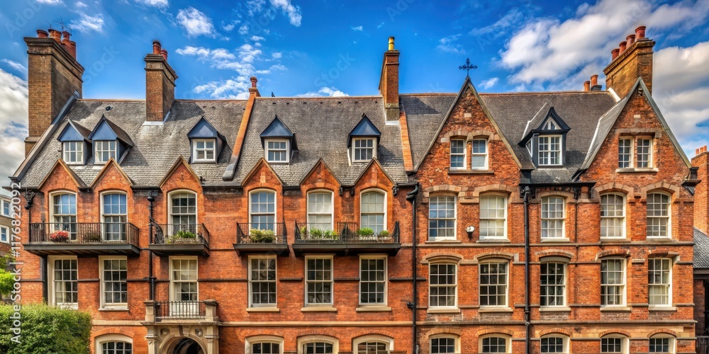 Fototapeta premium Historic townhouse with a red brick facade and a slate roof, set against a backdrop of medieval architecture, historic home, norwich city
