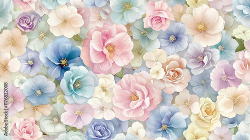 Soft floral background with pastel pink, blue, and white flowers creating a delicate and elegant artistic composition
