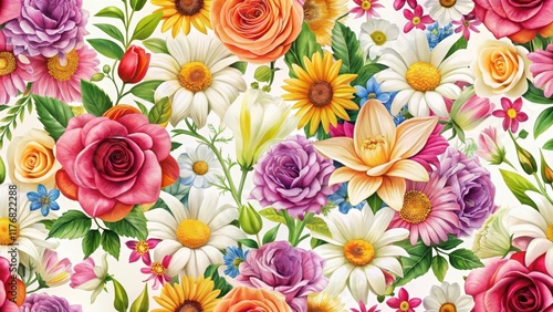 Vibrant colorful floral pattern on a white background with large roses, daisies, and lilies in a repeating design