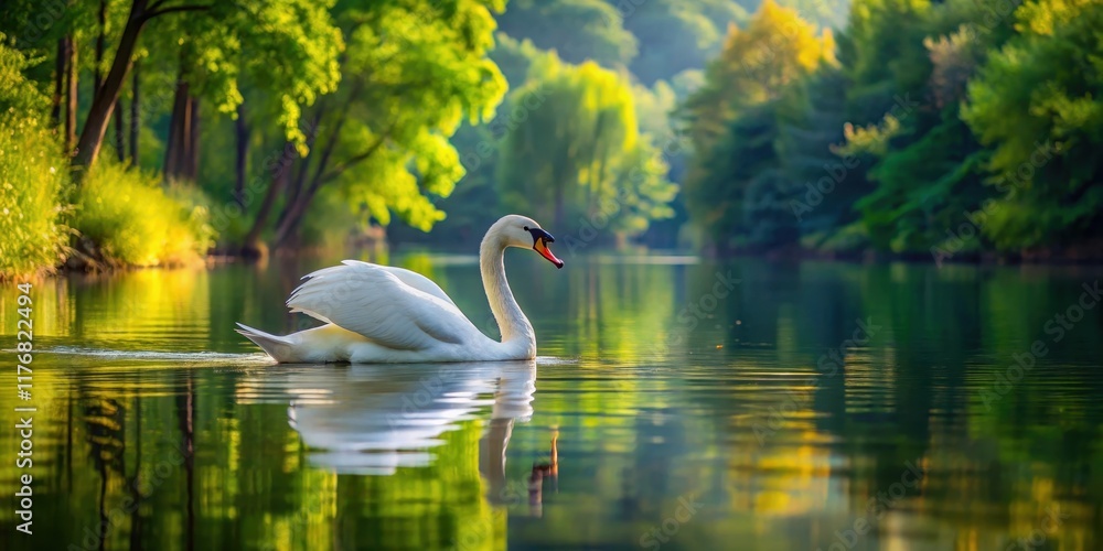 Fototapeta premium A elegant swan floats majestically on the calm surface of a tranquil lake surrounded by towering trees and lush green foliage in the background, swan, artistic landscape