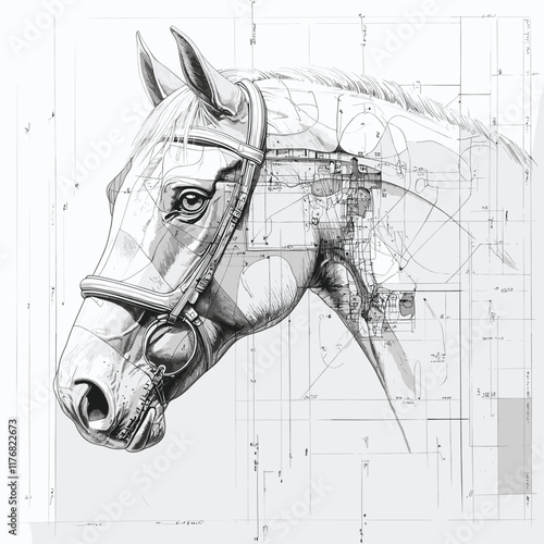 Technical drawing of a horse's head with precise details.