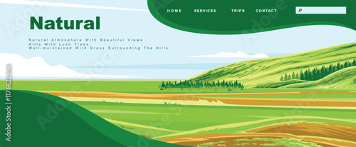 landing page template with a background of undulating green hills and lush plants