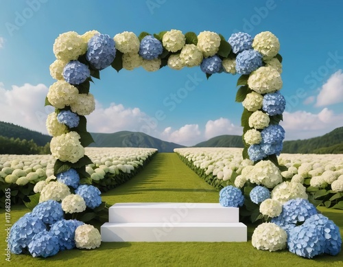 A podium with a backdrop of blooming hydrangea flowers