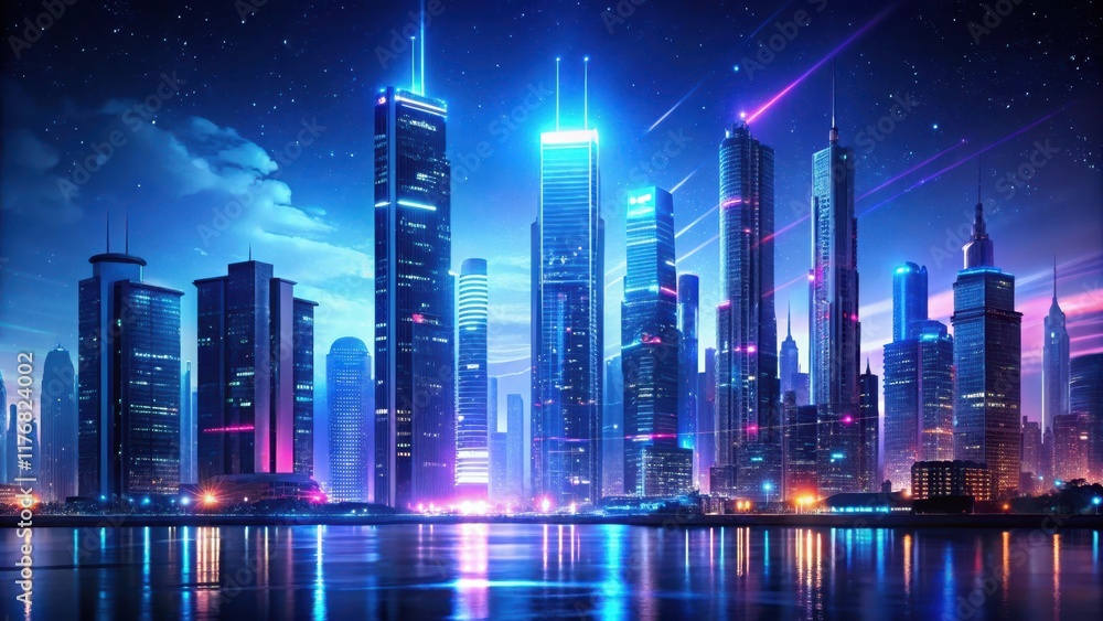 Obraz premium A futuristic cityscape with sleek skyscrapers and neon lights illuminating the dark sky, city lights, futuristic cityscape