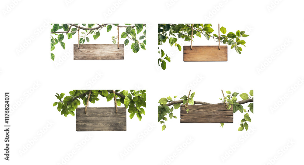 Wooden sign hanging on a branch with green leaves Isolated on a white background Wooden sign hanging on a branch with green leaves Isolated on a white background