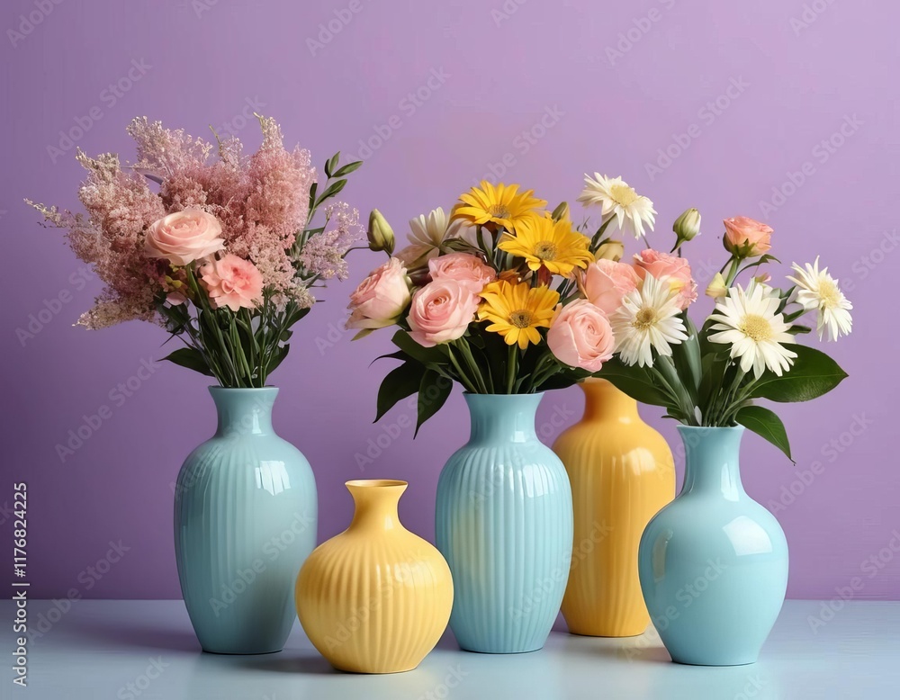 A colorful background with various vases filled with different types of flowers. A colorful background with various vases filled with different types of flowers.