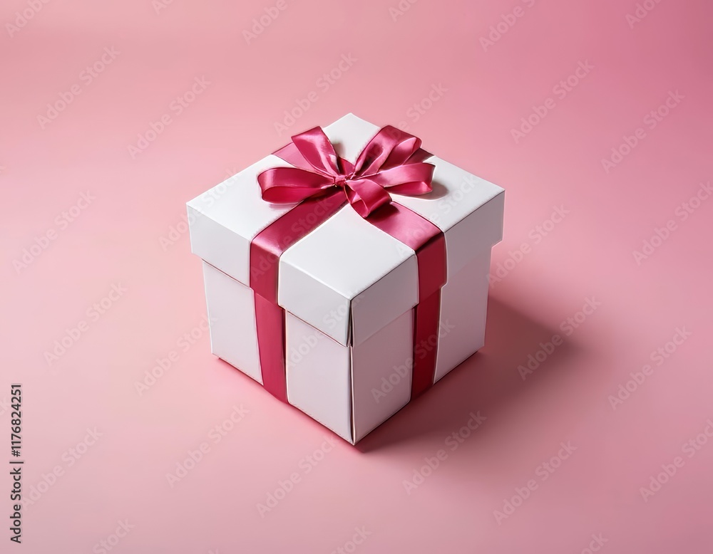 A floating gift box wrapped in a pink ribbon on a pink background A floating gift box wrapped in a pink ribbon on a pink background