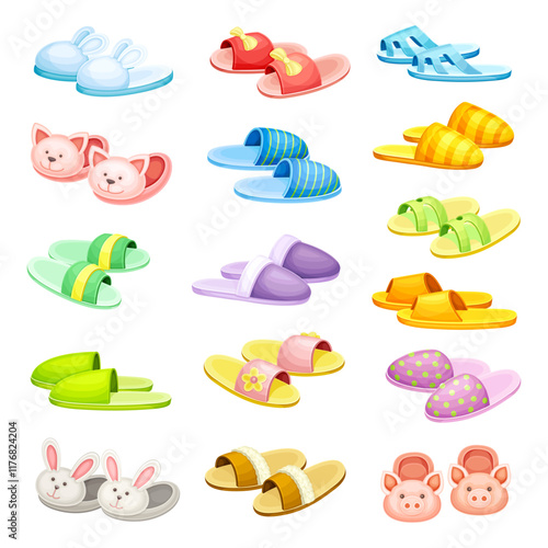 Pairs of Comfortable Slippers as Soft Textile Home Footwear Vector Set