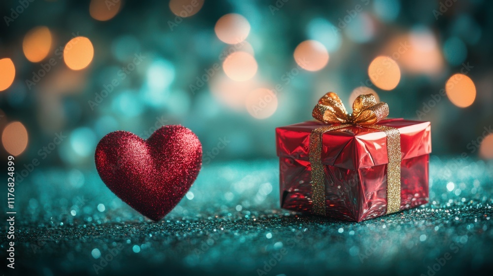 Fototapeta premium A small translucent red gift box with scattered gold glitter inside, placed on a solid emerald-green surface, with a glowing teal and ruby heart bokeh background and subtle warm floodlights