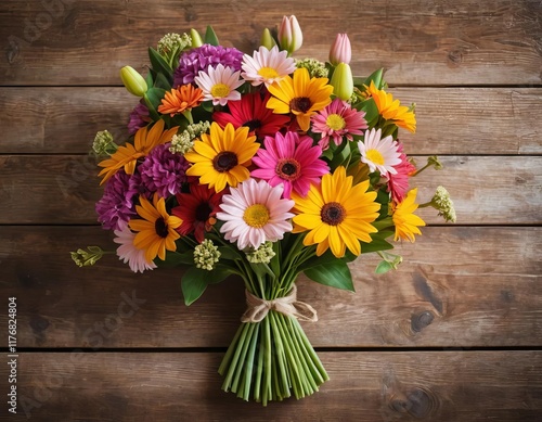 Wallpaper Mural A bouquet of colorful flowers on a wooden table with a handwritten note that says "Happy Mother's Day" Torontodigital.ca