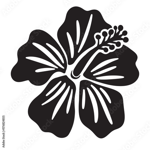 hibiscus flower black silhouette. Simple flat stylized black and white tropical bloom illustration on white background