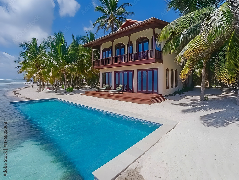 Fototapeta premium Tropical Beach House Poolside Illustration