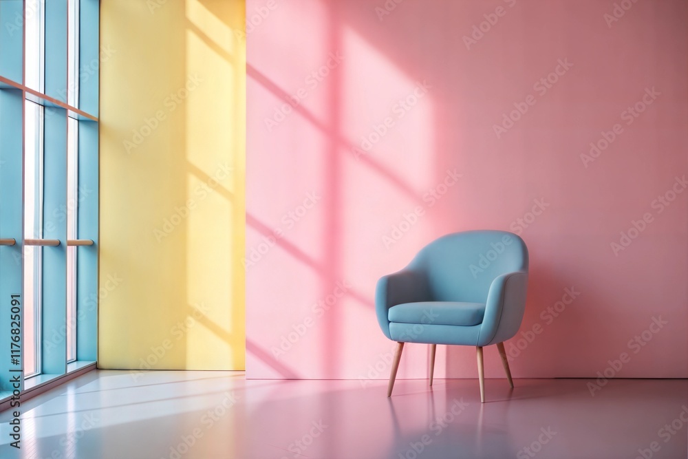 Fototapeta premium Modern Minimalist Interior with Pastel Pink Wall, Yellow Accents, and Blue Armchair for Creative Projects