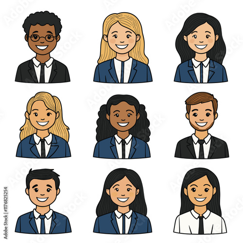 Nine avatars in suits with various hairstyles.
