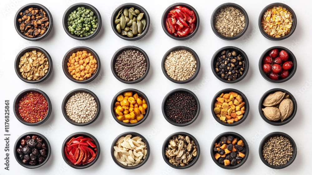 Variety of colorful spices and legumes arranged in bowls on white background Variety of colorful spices and legumes arranged in bowls on white background