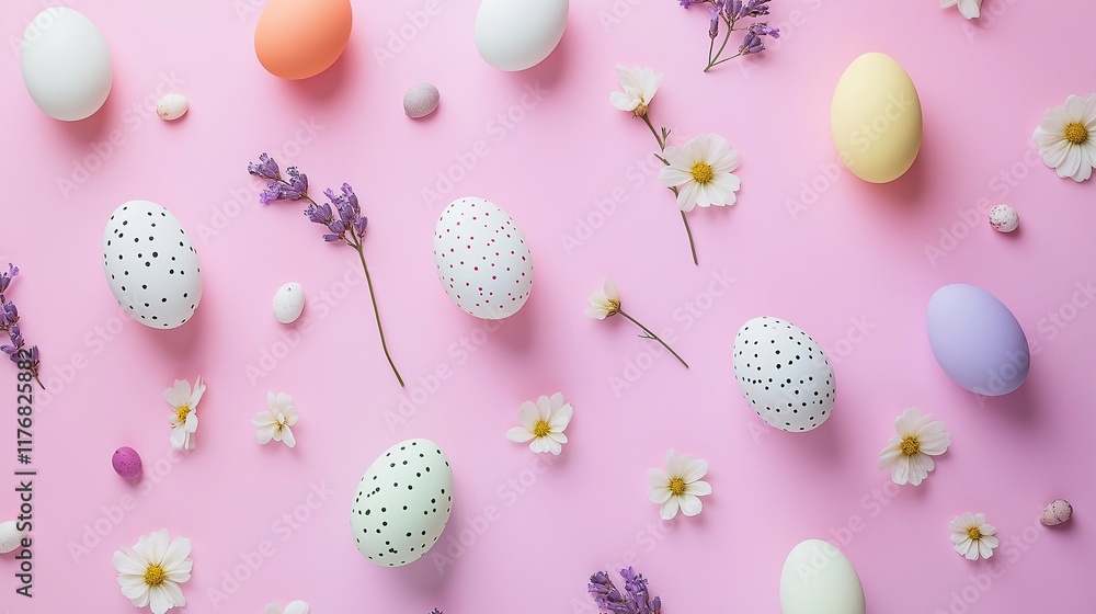 A soft pink and lavender background with delicate Easter motifs, eggs and flowers. cheerful and charming design. the spring season and festive celebrations. top view banner A soft pink and lavender background with delicate Easter motifs, eggs and flowers. cheerful and charming design. the spring season and festive celebrations. top view banner