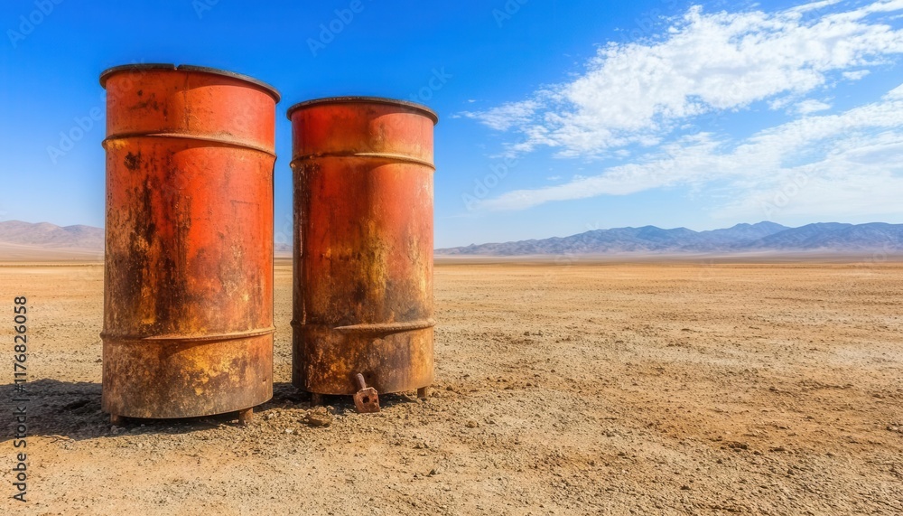 Two rusty barrels standing in a vast, dry landscape under a bright blue sky, highlighting environmental neglect and desolation. Two rusty barrels standing in a vast, dry landscape under a bright blue sky, highlighting environmental neglect and desolation.