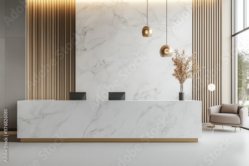 Stylish minimalist interior of a hotel lobby or reception area for a beauty salon, spa or private medical clinic with a marble counter photo