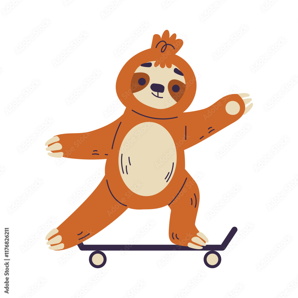 Obraz premium Funny Sloth Animal Character Ride Skateboard Vector Illustration