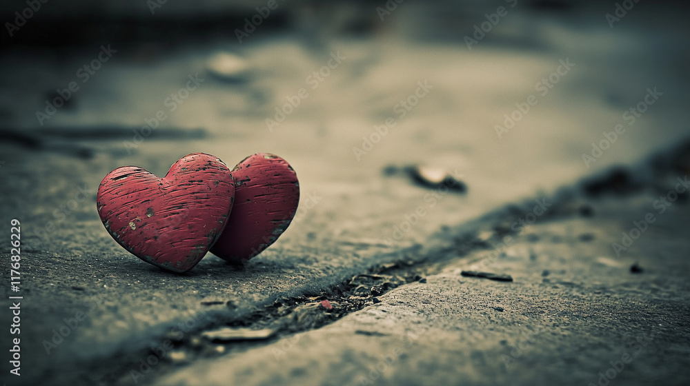 Fototapeta premium Weathered red heart resting on a rough and textured pathway, symbolizing resilience and enduring love. 