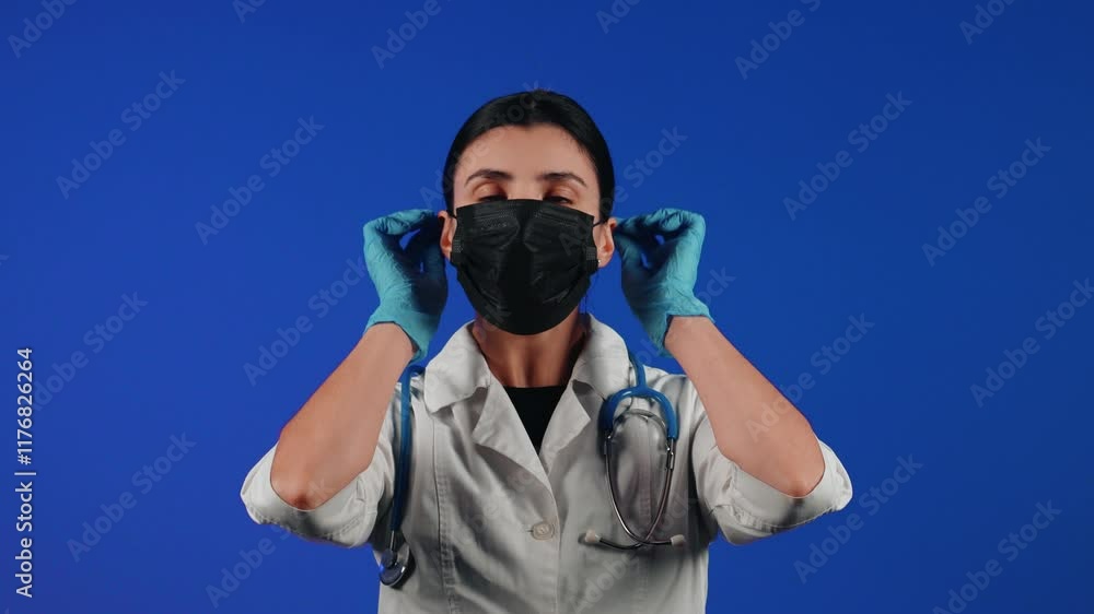 Female doctor prepares for patient care while delivering health services in a blue background Female doctor prepares for patient care while delivering health services in a blue background