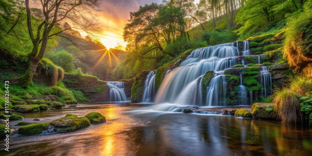 Fototapeta premium Waterfall at sunset in River Dart Country Park, sunset, greenery, sunset