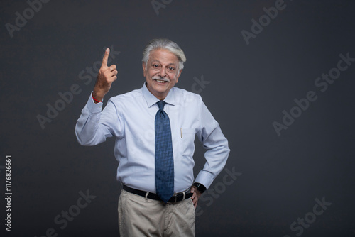 Happy Old Senior Man Pointing Up 1 Finger