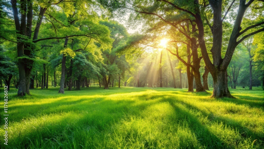 Lush green grass in a forest setting with dappled sunlight filtering through the trees , forest, outdoor setting Lush green grass in a forest setting with dappled sunlight filtering through the trees , forest, outdoor setting