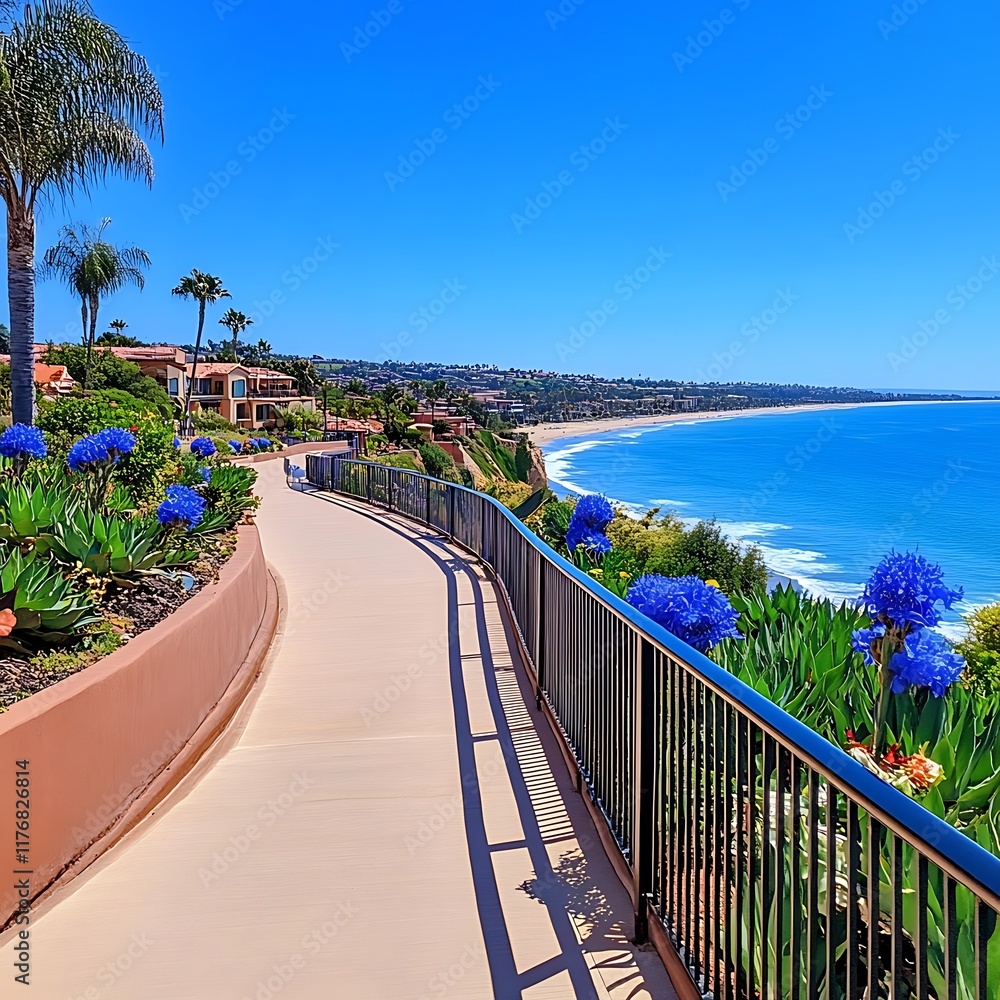 Naklejka premium Serene Coastal Walkway with Vibrant Flowers and Clear Blue Water