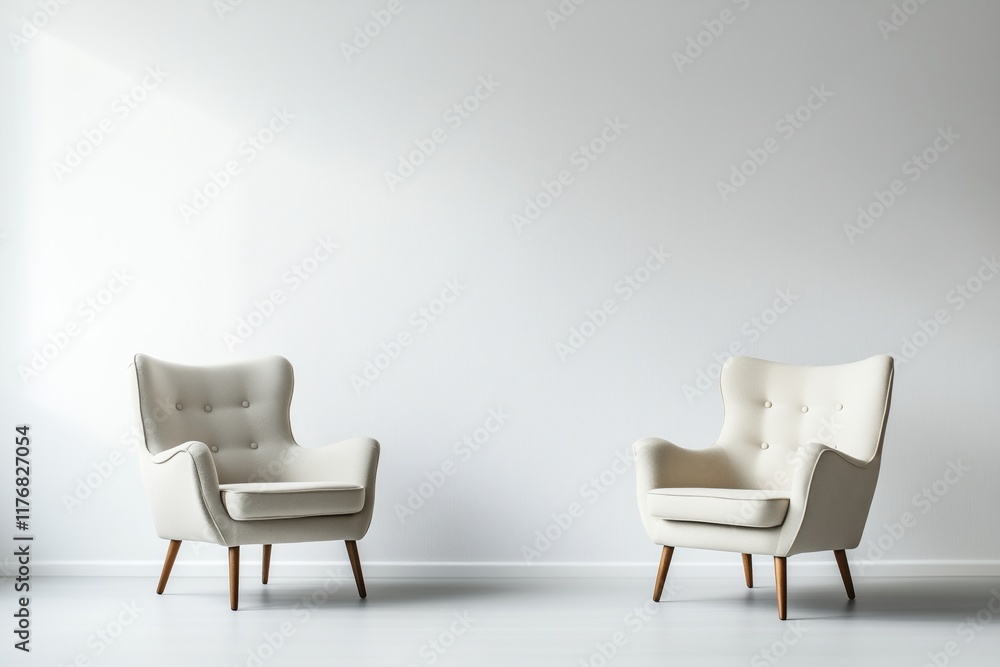 Fototapeta premium Two modern armchairs stand alone in a sleek, minimalist studio setting, surrounded by neutral background, ideal for adding text or graphics, evoking a professional meeting atmosphere. 