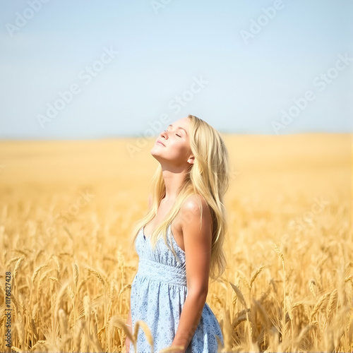 Blonde girl standing in wheat field. Summer, relaxation. Toned in warm colors. photo