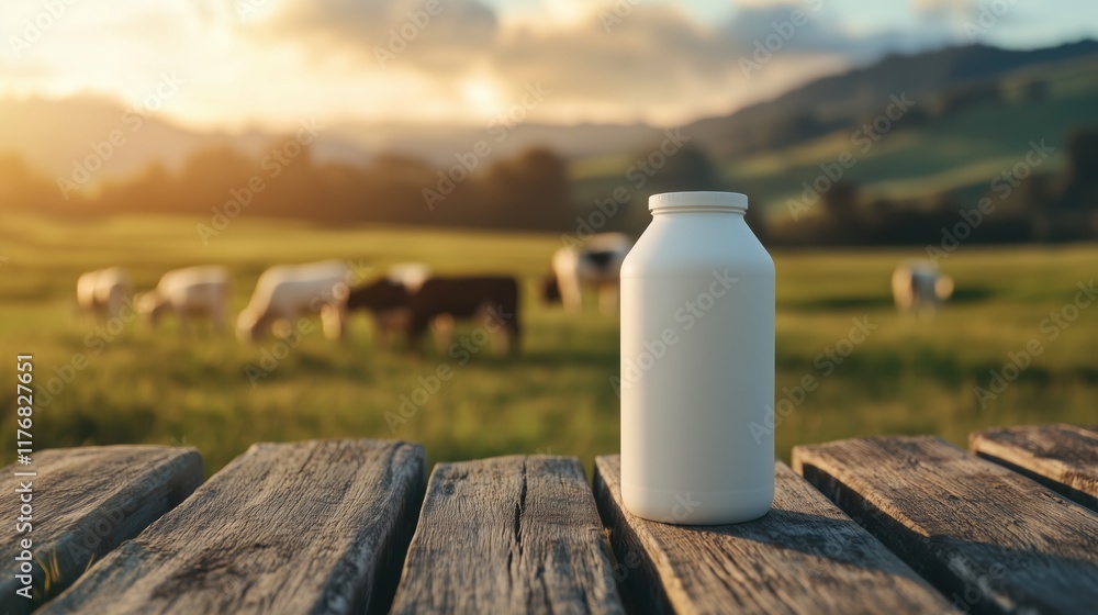 White plain bottle of milk mockup with farm and dairy cow background in the morning