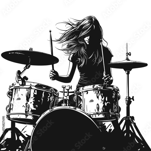 Dynamic black and white drummer illustration.