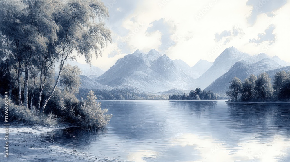 Fototapeta premium Serene lake, mountains, trees, tranquil landscape.