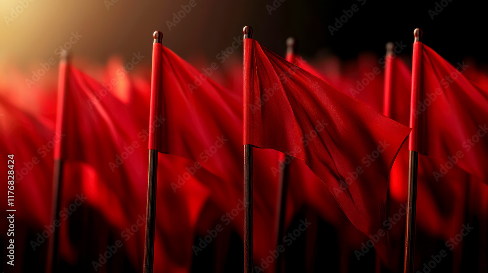 Field of waving red flags in soft sunlight Field of waving red flags in soft sunlight
