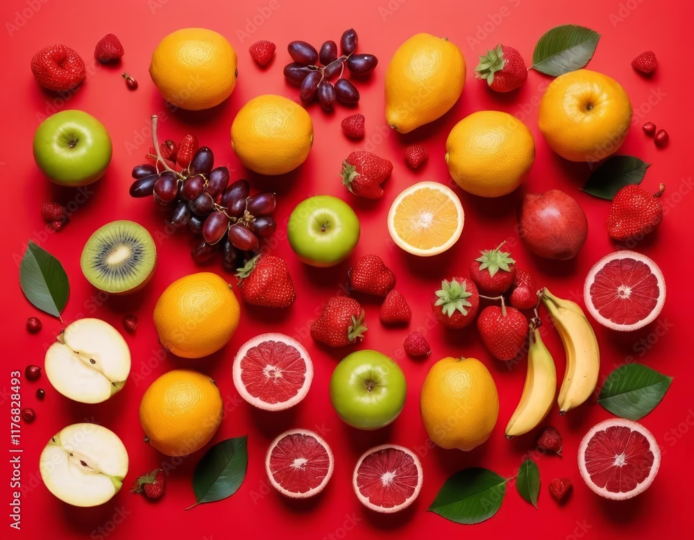 A variety of ripe fruits on a red background with space for text A variety of ripe fruits on a red background with space for text