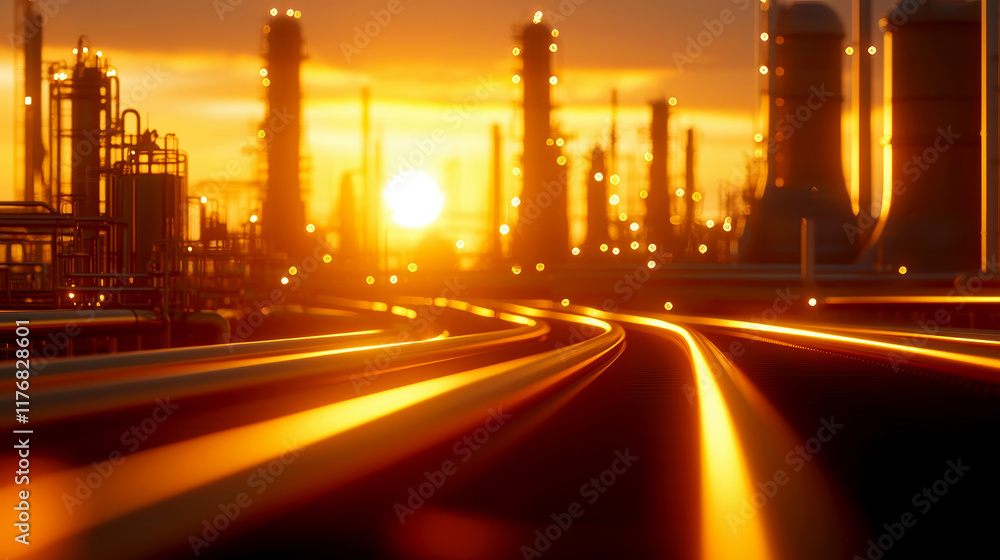 Sunset over industrial landscape with glowing pipelines Sunset over industrial landscape with glowing pipelines