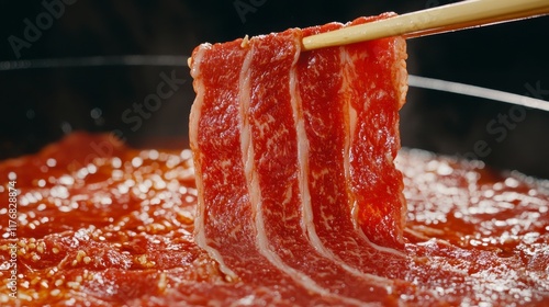 Fresh Red Meat Slice in Spicy Sauce with Chopstick Lifted photo