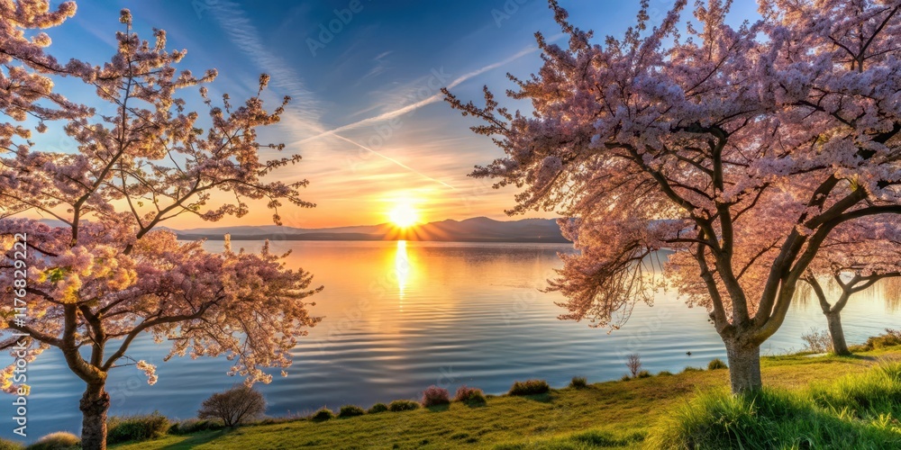Sunrise over Bodensee lake with blooming trees and flowers, nature, sunrise, nature, sunrise Sunrise over Bodensee lake with blooming trees and flowers, nature, sunrise, nature, sunrise