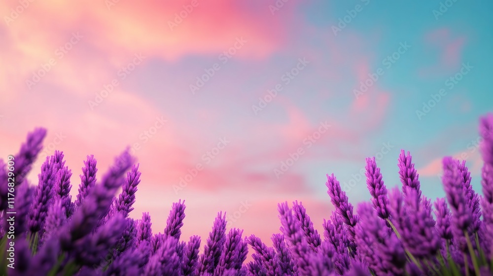Vibrant lavender field under a colorful sky at sunset. Vibrant lavender field under a colorful sky at sunset.