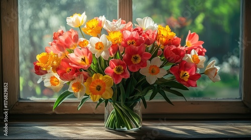 A bouquet of fresh tulips and daffodils in a vase against a window. Spring flowers tulips and daffodils create a festive mood.	